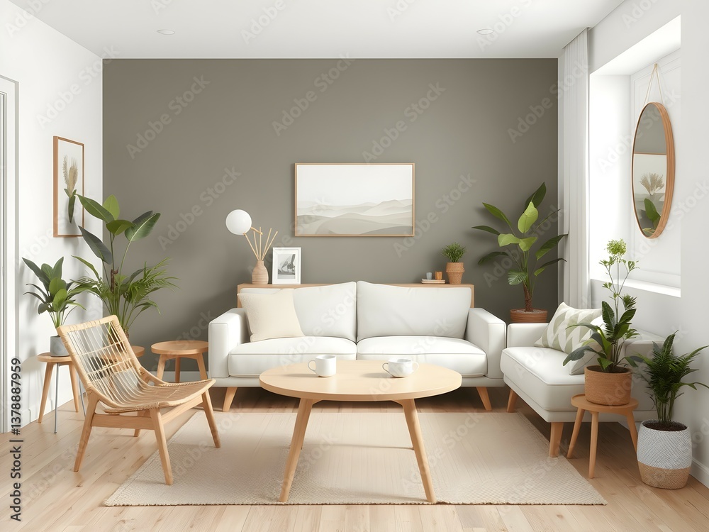 Fototapeta premium Minimalist Scandinavian living room with a neutral color palette, wooden furniture, natural décor, indoor plants and modern accents
