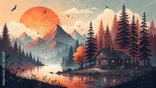 Serene Surreal Forest Landscape with a Mountain Cabin at Sunset in a Dreamlike Nature Scene
