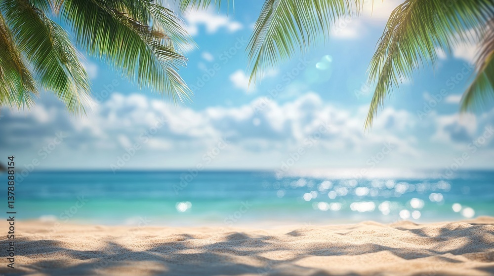 Fototapeta premium Tropical Beach Scene Summer Vacation Idyllic Paradise Sunny Ocean Coastal Seascape Relaxing Holiday Tropical Getaway Calm Peaceful Tranquil Blue Water
