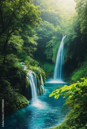 Serene jungle waterfall with lush greenery and cascading waters