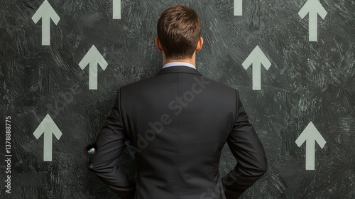 A businessman in a suit stands facing a wall adorned with upward-pointing arrows, symbolizing growth and ambition.