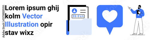 Blue heart icon in chat bubble, file folder with document, male character presenting. Ideal for communication, teamwork, data sharing, remote work, social interaction, business simple landing page