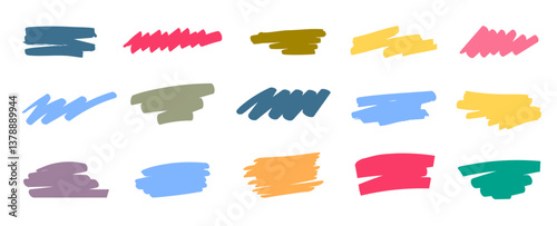 Vector cartoon abstract illustration of collection of various colorful brush stroke element on white color background. Flat hand drawn doodle style design of set of simple different color marker shape