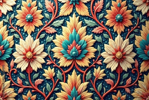 Intricate floral damask pattern in muted tones, print, elegant