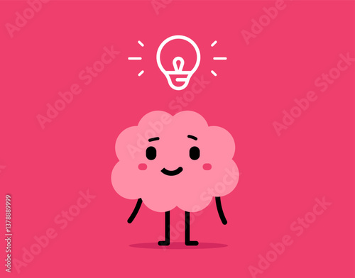 Vector cartoon illustration of cute smile brain think creative idea on pink color background. Flat doodle style design of happy brain character with line light bulb over head