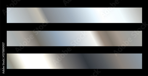 Vector set of illustration of different silver metallic foil texture gradation for border, ribbon, frame. Background set. 3d realistic style design of shiny silver gradient with diagonal stripe