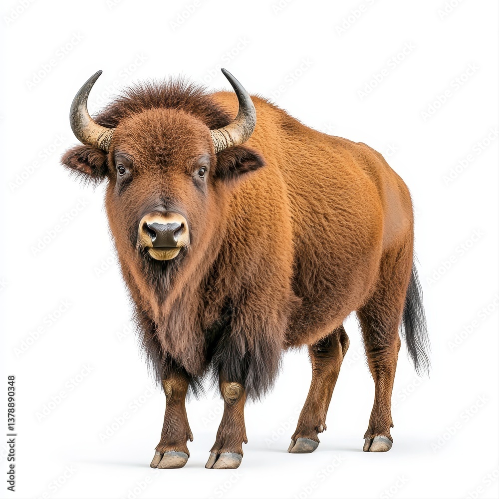 Close-up of bison isolated on white background showcasing its thick fur and distinctive features in natural habitat Close-up of bison isolated on white background showcasing its thick fur and distinctive features in natural habitat