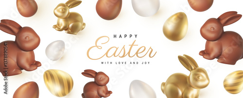 Vector illustration with realistic chocolate rabbit and shine golden egg with text Happy Easter on white background. 3d cartoon style easter hunt pattern design with golden egg and chocolate bunny