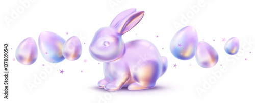 Vector holiday easter hunt illustration with realistic shine neon bunny and egg on white color background. 3d cartoon style pattern design with purple egg and rabbit for Happy Easter banner