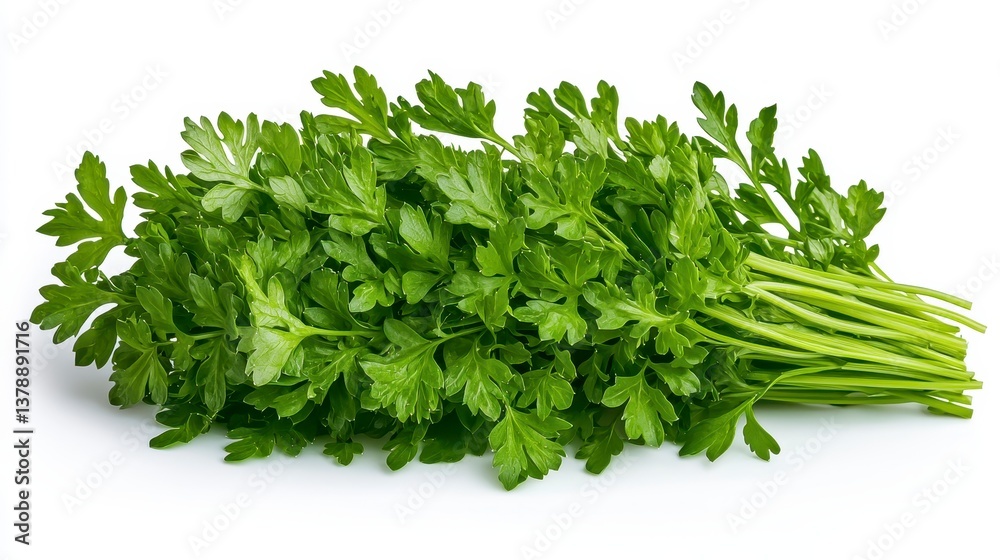 Crisp bunch of fresh chervil leaves isolated on a white background emphasizing their natural green color and texture Crisp bunch of fresh chervil leaves isolated on a white background emphasizing their natural green color and texture