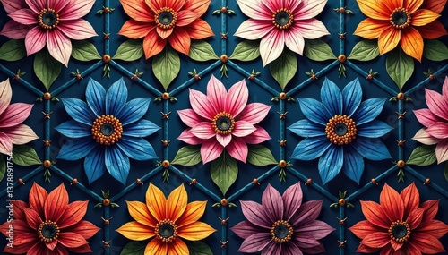 Intricate floral motif within a repeating hexagonal grid , abstract, geometric shapes, print