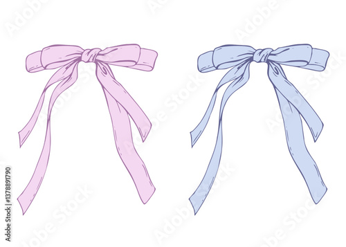 Satin bow made of fabric, narrow in two layers with long twisted ribbons. Graphic sketch illustration hand drawn line art, outline in blue and pink. Single isolated element vector EPS, for decoration