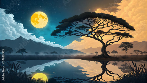 Magical Dreamlike Surreal Landscape with a Twisted Tree Showing Dual Day and Night Reflections