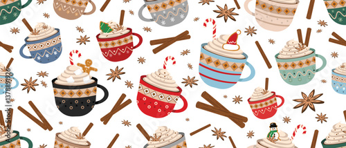 Merry Christmas cute mugs seamless pattern with hot cocoa or coffee sweet cream, gingerbread cookies candy canes, cinnamon sticks and vanilla flowers Decorative ornamental holiday coffee cups texture