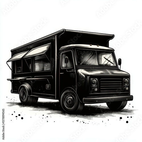 Food truck parked in a vibrant urban area serving diverse cuisine to hungry customers during a sunny afternoon