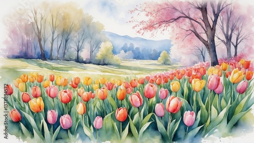 Colorful tulip field in spring with soft sunlight and blooming trees