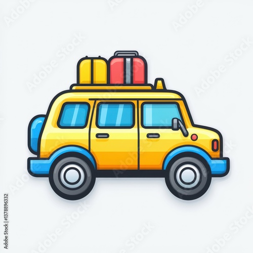 Bright yellow car with luggage on top ready for a road trip on a sunny day