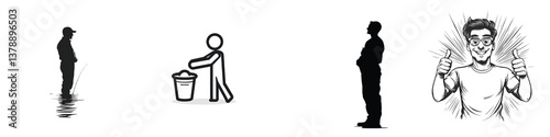Diverse silhouettes: fisherman, cleaning stick figure, standing man, enthusiastic thumbs up character.