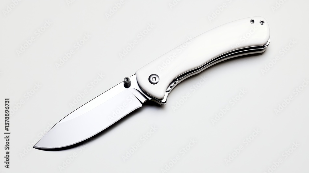 Sleek silver folding pocket knife with plain blade elegantly displayed open against a pristine white background showcasing its sophisticated design features Sleek silver folding pocket knife with plain blade elegantly displayed open against a pristine white background showcasing its sophisticated design features