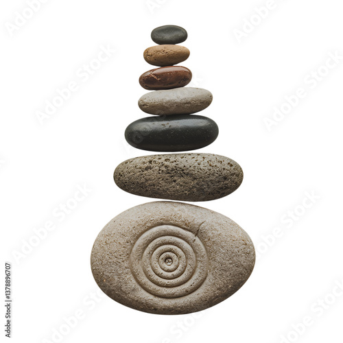 A serene stack of smooth, naturally colored stones, culminating in a large, intricately spiraled base stone against a clean white background. photo