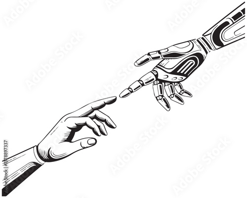A Human helping hand Robot digital version line art, Touching virtual world, touch the finger of human outline background, artificial intelligence technology	