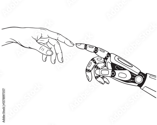 A Human helping hand Robot digital version line art, Touching virtual world, touch the finger of human outline background, artificial intelligence technology	