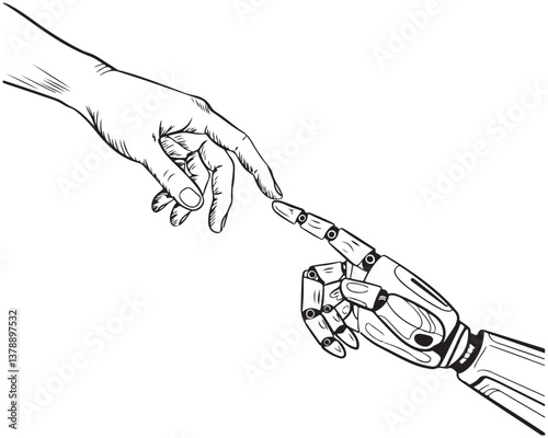 A Human helping hand Robot digital version line art, Touching virtual world, touch the finger of human outline background, artificial intelligence technology