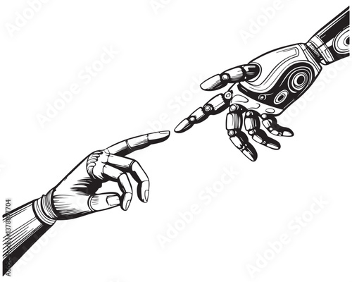 A Human helping hand Robot digital version line art, Touching virtual world, touch the finger of human outline background, artificial intelligence technology