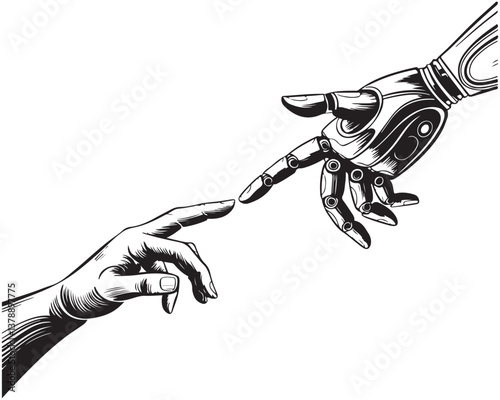 A Human helping hand Robot digital version line art, Touching virtual world, touch the finger of human outline background, artificial intelligence technology