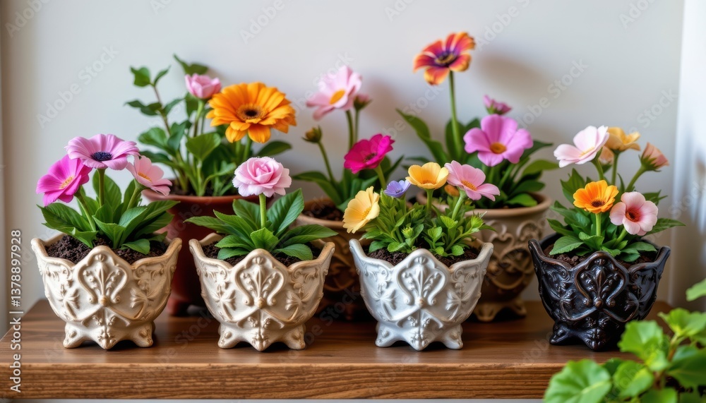 custom made wallpaper toronto digitalOrnate Planters A collection of ornate triangular ceramic planters filled with whimsical flowers, arranged on a wooden shelf.
