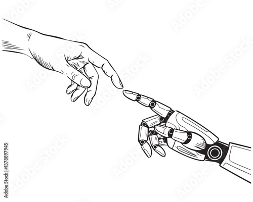 A Human helping hand Robot digital version line art, Touching virtual world, touch the finger of human outline background, artificial intelligence technology