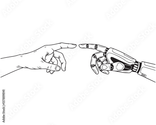 A Human helping hand Robot digital version line art, Touching virtual world, touch the finger of human outline background, artificial intelligence technology