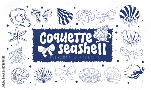 coquette seashell and ribbon bow elements isoleted on white background. Vector illustration.