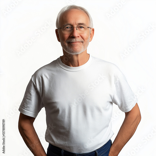a 65 year old man modeling a t-shirt from the waist up. White background, portrait of a smiling old man