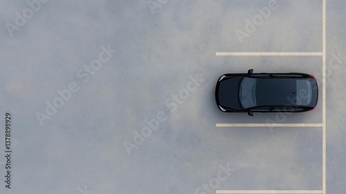 Aerial view of a black car parked in a parking lot. the car is facing towards the right side of the image and is positioned in the center of the frame.