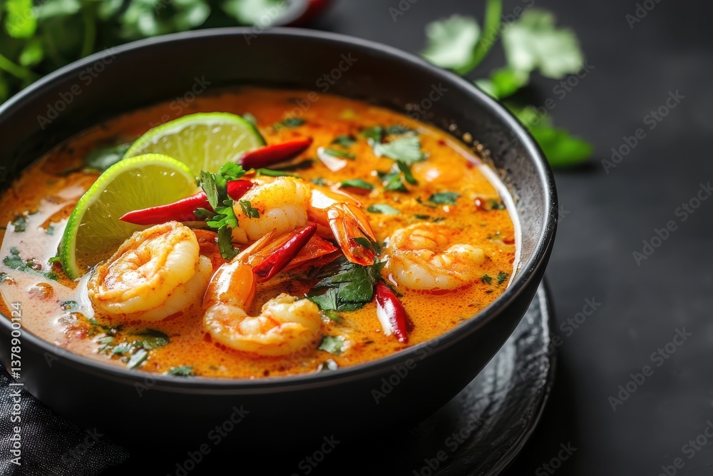 A bowl of tom yum soup with shrimp, lime, and chili peppers on a dark surface in close up view A bowl of tom yum soup with shrimp, lime, and chili peppers on a dark surface in close up view