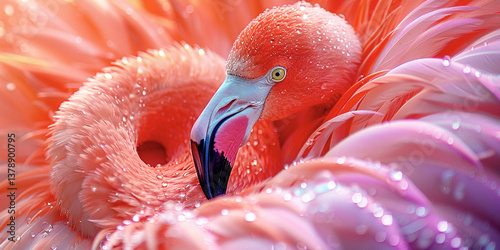  Three-dimensional background illustration with various feathers and down of birds for holiday cards and web development, Generated by AI