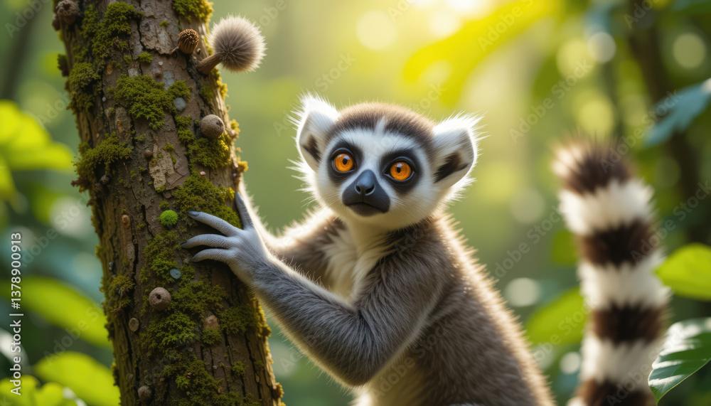Fototapeta premium Curious Lemur in Sunlit Rainforest – Playful Madagascar Wildlife