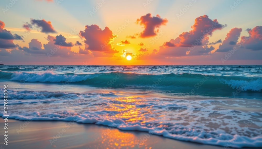 Obraz premium Tropical Sunset A sunset over a turquoise ocean, blending warm oranges and pinks with deep turquoise water.