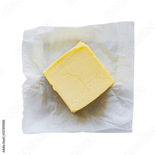 A square of creamy, pale yellow butter sits on parchment paper, ready for baking or spreading, a simple yet elegant still life.