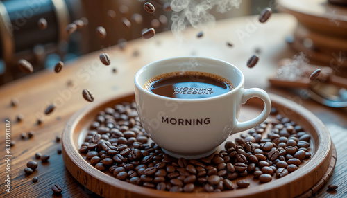 A cup of coffee, inviting atmosphere, on wooden tray, flying coffee beans, 