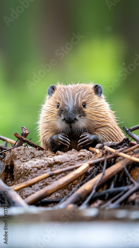 Cute beaver sitting on a dam in a natural habitat during daylight