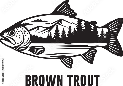 Brown Trout Vector Outline Fish with Mountain and Tree Design