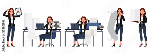 Business woman wear black shirt, long brown curly hair character vector illustration design set. Woman working on deadline concept.