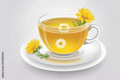 Glass Teacup with Bright Yellow Chamomile Tea on a White Saucer, Fresh and Inviting