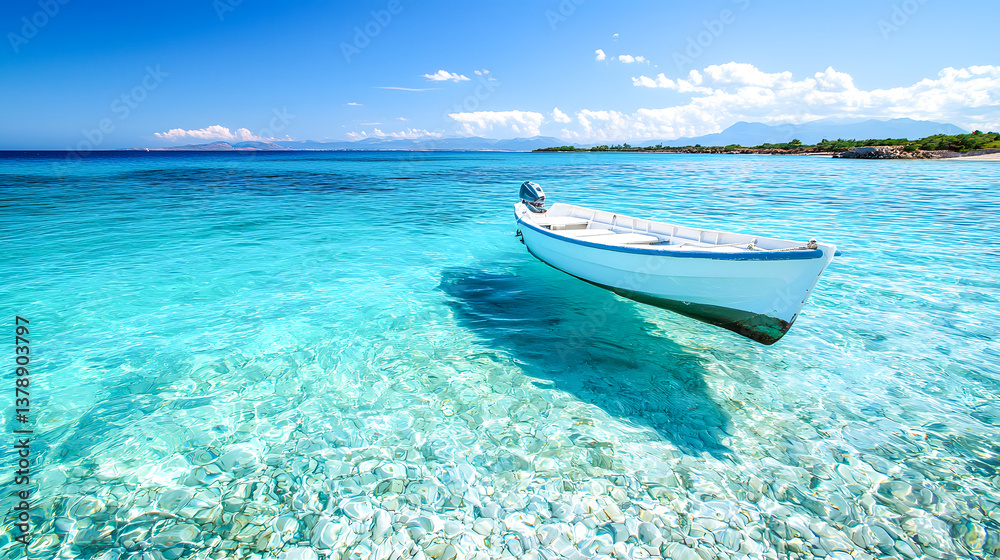 Naklejka premium Tranquil Scene of a White Boat Floating in Clear Tropical Water