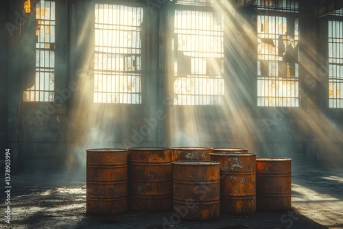 Rusty oil drums and light beams in abandoned factories