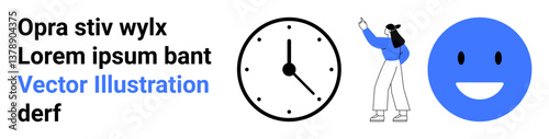 Bold design with a clock, person pointing upward, and blue happy face. Ideal for time management, productivity, positivity, user interface, marketing, teamwork simple landing page