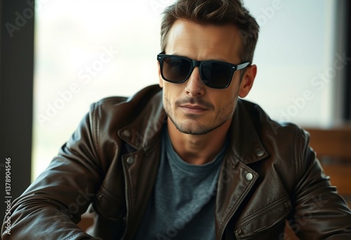 Photorealistic portrait of a man in a leather jacket and sunglasses