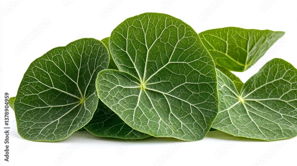 Artistic arrangement of multiple fresh green leaves from nasturtium plant showcasing their lush and vibrant appearance Artistic arrangement of multiple fresh green leaves from nasturtium plant showcasing their lush and vibrant appearance